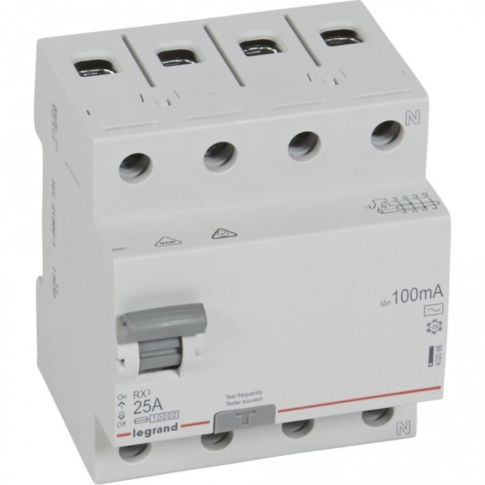 Выключатель дифференциального тока LEGRAND RX3 100мА 25А 4П AC белый 402066