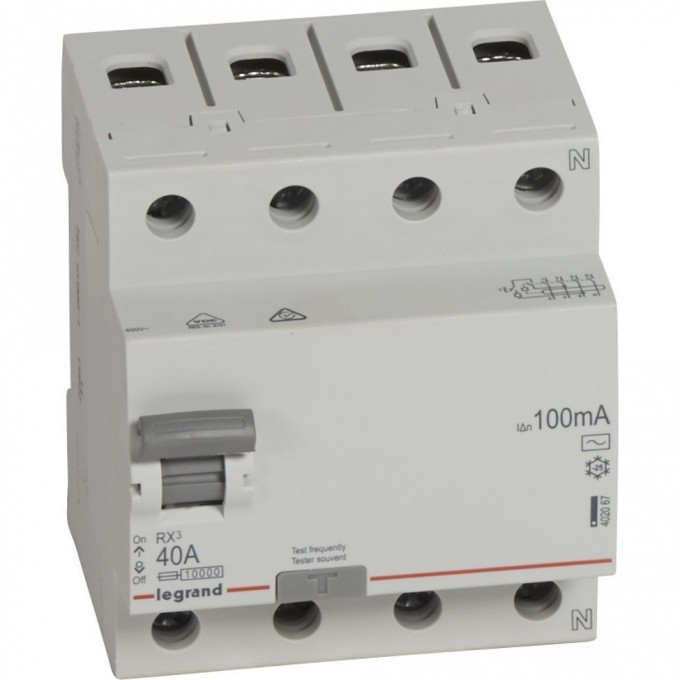 Выключатель дифференциального тока LEGRAND RX3 100мА 40А 4П тип AC белый 402067
