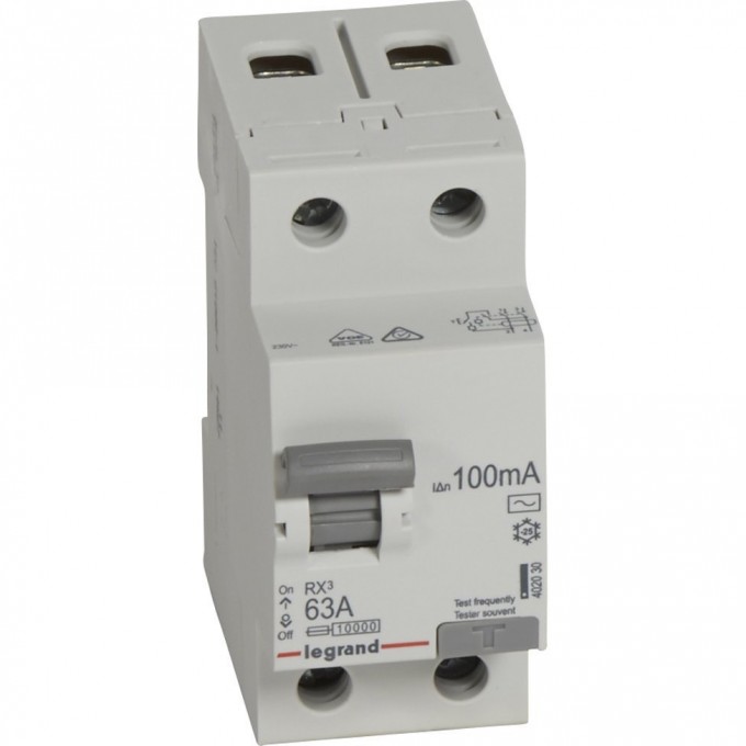 Выключатель дифференциального тока LEGRAND RX3 100мА 63А 2П тип AC белый 402030