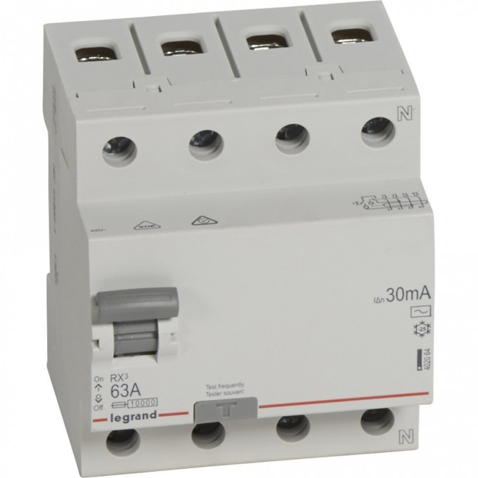 Выключатель дифференциального тока LEGRAND RX3 30мА 63А 4П тип AC белый 402064