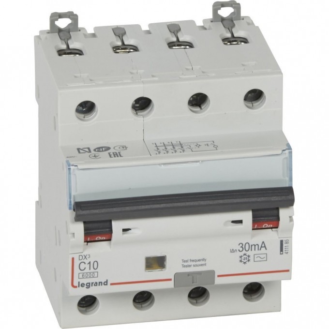 Автоматический выключатель дифференциального тока LEGRAND DX³ 6000 10 кА тип характеристики С 4П 400 В 10 А тип AС 30 мА 4 модуля белый 411185