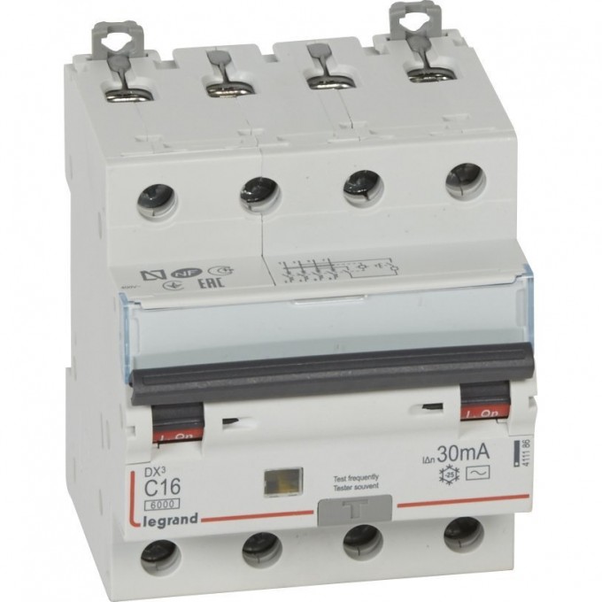 Автоматический выключатель дифференциального тока LEGRAND DX³ 6000 10 кА тип характеристики С 4П 400 В 16 А тип AС 30 мА 4 модуля белый 411186