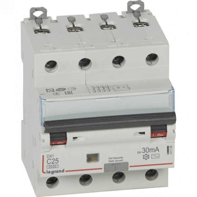 Автоматический выключатель дифференциального тока LEGRAND DX³ 6000 10 кА тип характеристики С 4П 400 В 25 А тип AС 30 мА 4 модуля белый 411188