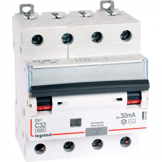 Автоматический выключатель дифференциального тока LEGRAND DX³ 6000 10 кА тип характеристики С 4П 400 В 32 А тип AС 30 мА 4 модуля белый 411189