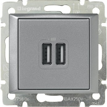 Зарядное устройство LEGRAND Valena с 2-мя коннекторами USB 1500 мА алюминий