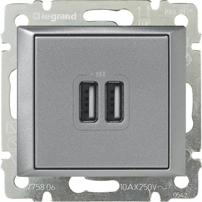 Зарядное устройство LEGRAND Valena с 2-мя коннекторами USB 1500 мА алюминий 770270